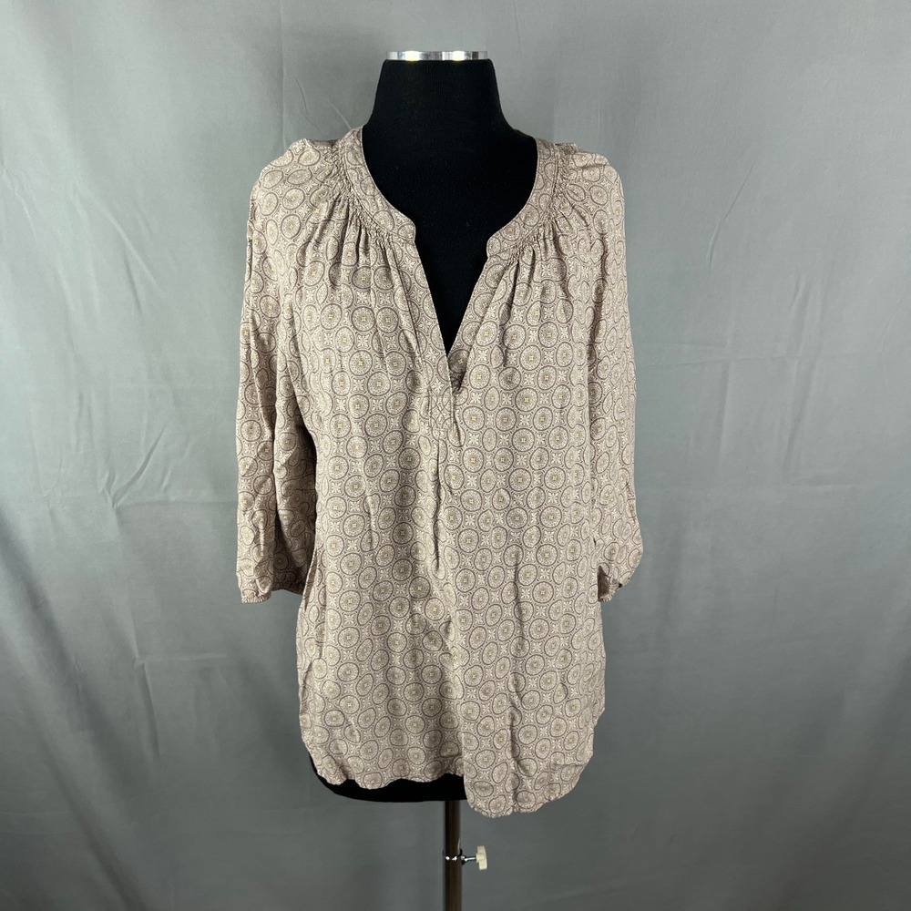 Sonoma Blouse Top Women XL Brown Geometric Rayon Gathered Yoke Detail Split Neck